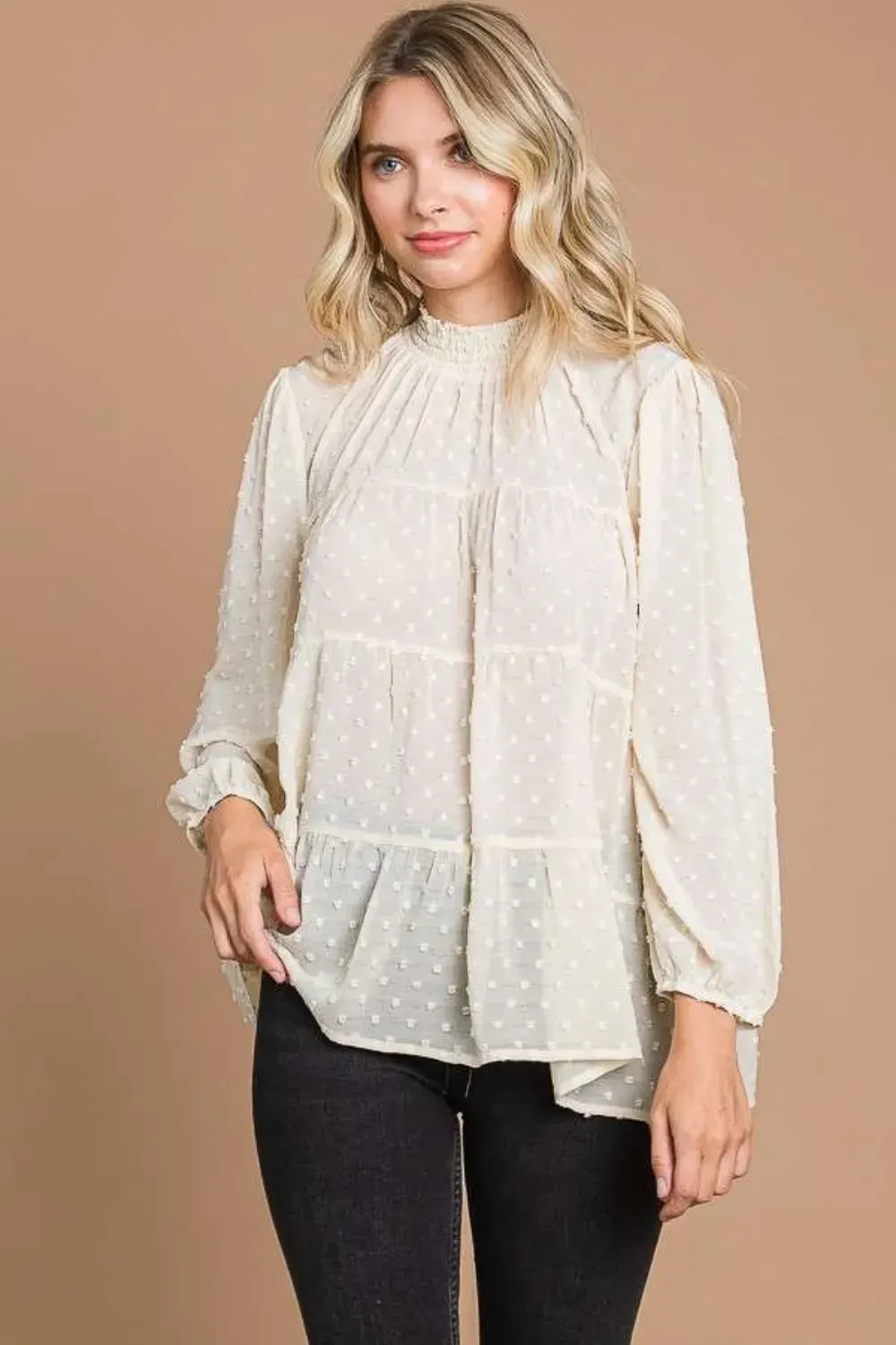 Culture Code Full Size Swiss Dot Smocked Mock Neck Blouse Plus Size